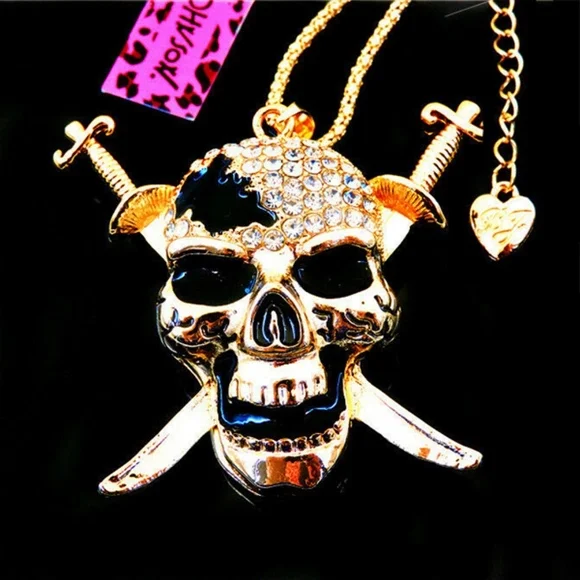 Enamel Crystal Skull Head With Daggers, Nuts, Bolts Chain Necklace- Halloween - Picture 1 of 7